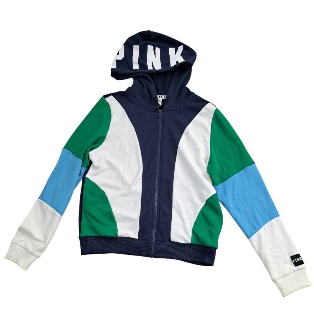 Pink Victoria's Secret Blue Green White ColorBlock Zip Hoodie Top Large